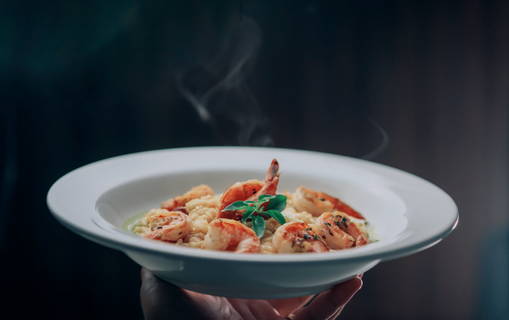 Diced gammon and prawn risotto