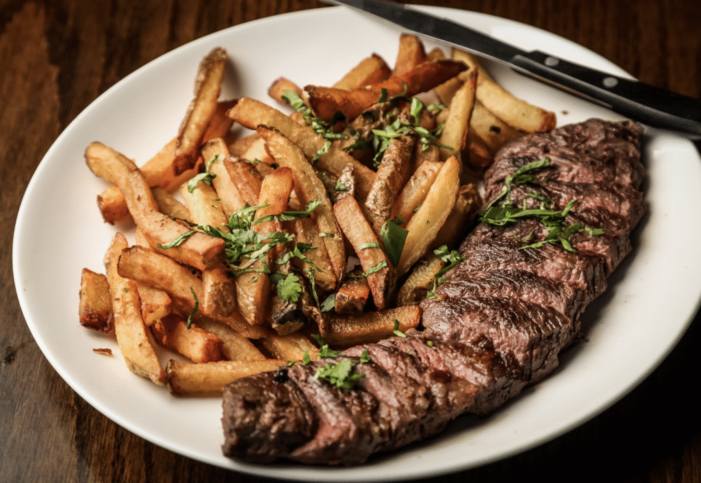 sliced steak and chips on a plate