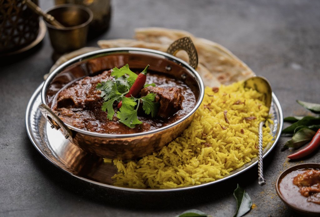 Madhuban Balti Curry in a dish served with rice