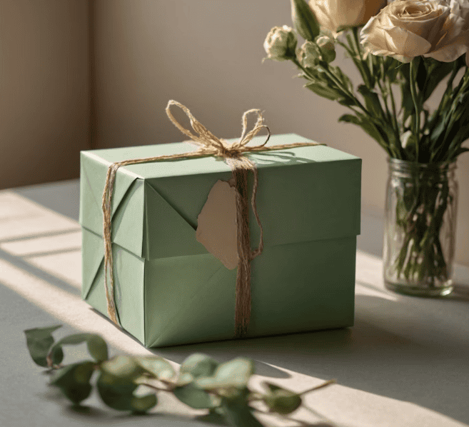 sage green gift box with twine ribbon