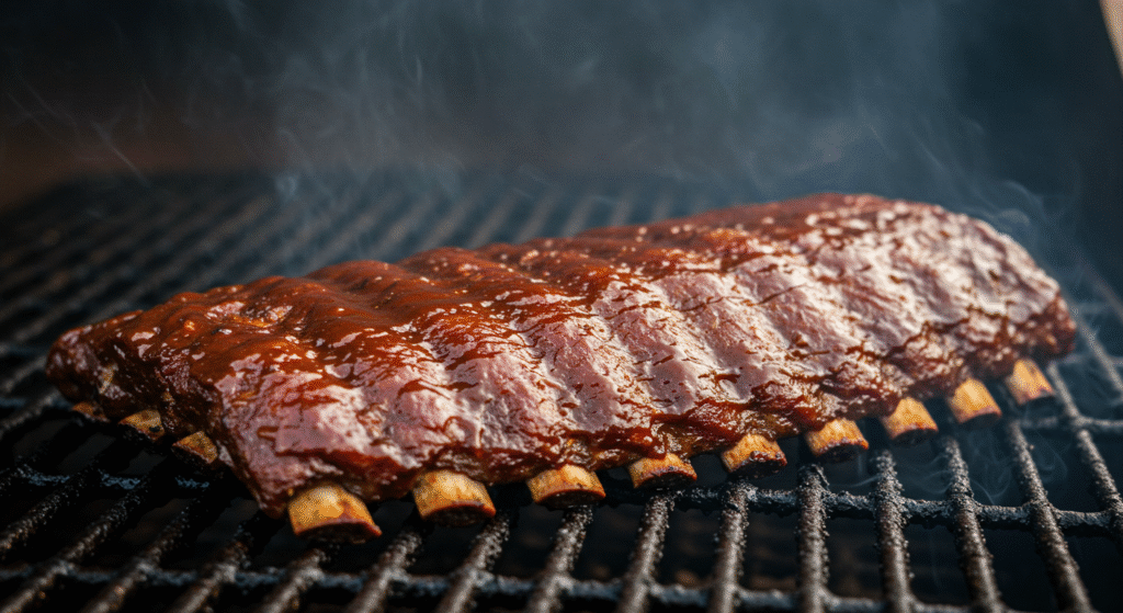BBQ ribs on a BBQ following being glazed