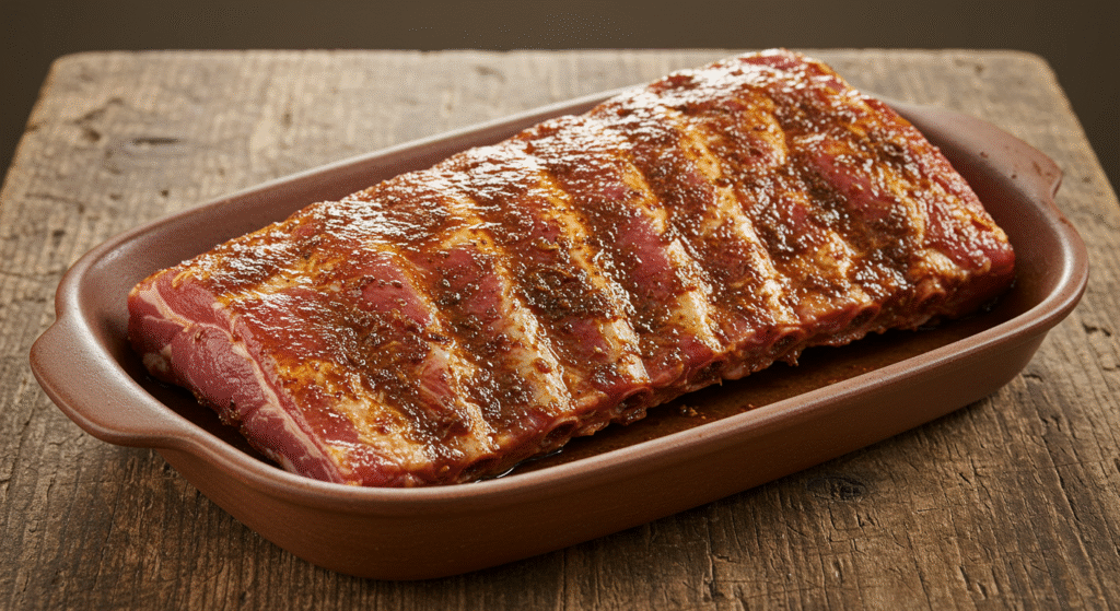 Rack of ribs marinading in jerk BBQ seasoning