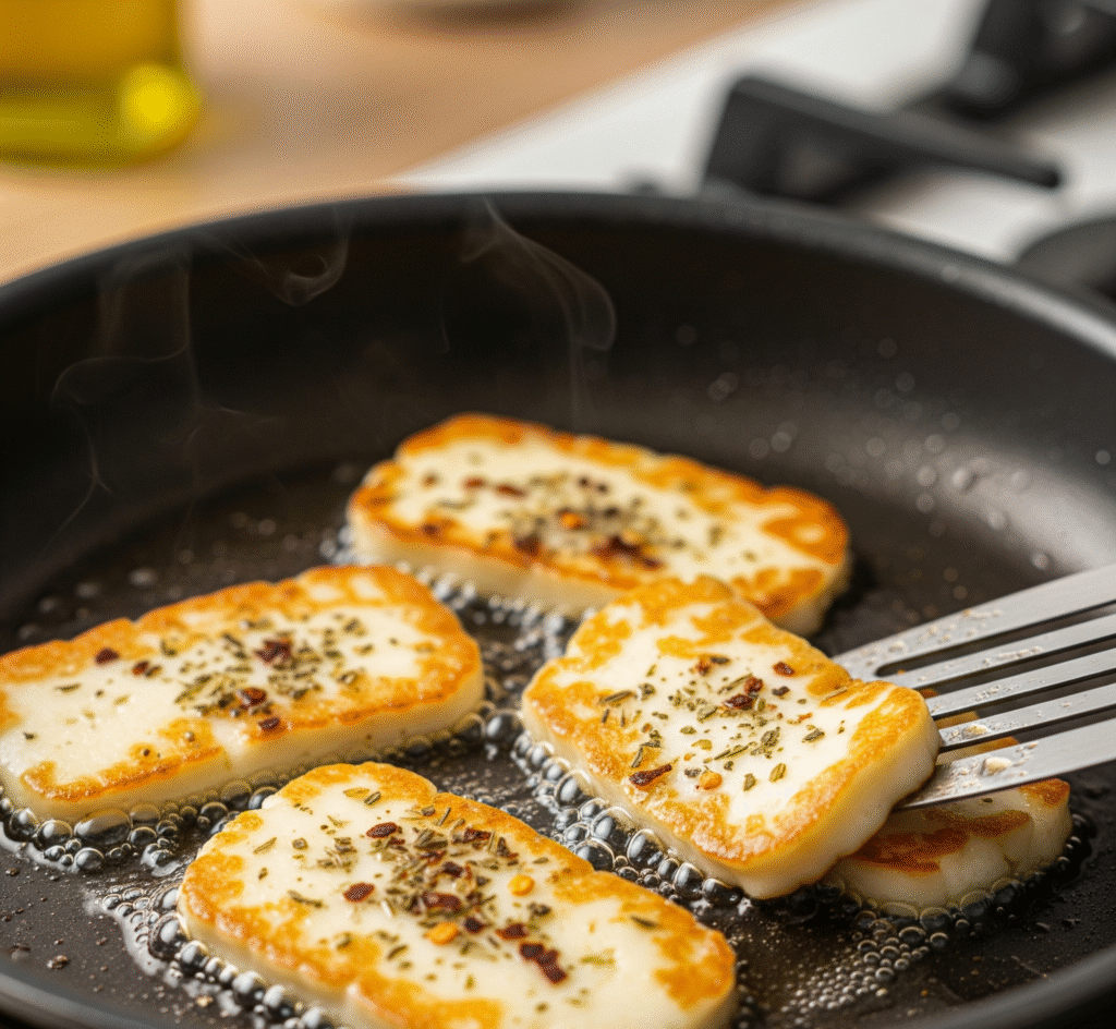 fried halloumi in olive oil