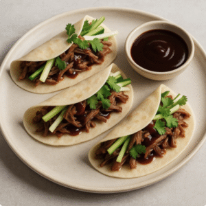 duck pancakes made up on a plate with sauce in a pot on the side