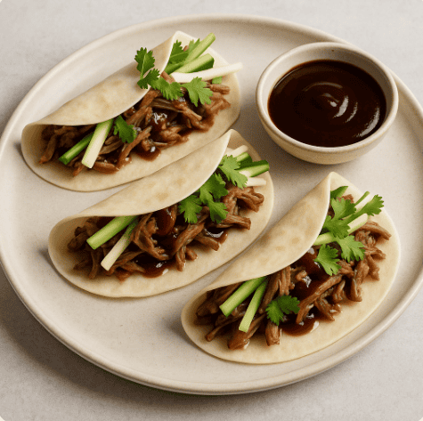 duck pancakes made up on a plate with sauce in a pot on the side