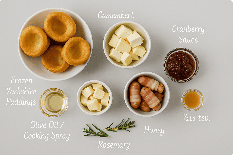 ingredients for stuffed yorkshires sat on the table in bowls with labels
