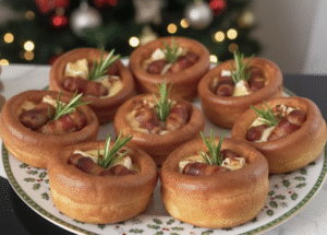 yorkshire puddings on a festive plate stuffed with camembert, pigs in blankets, rosemary and honey