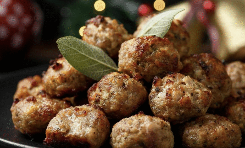 sausage meat with chopped chestnuts, breadcrumbs, parsley, and sage, rolled into balls