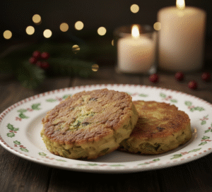 bubble and squeak patties on a festive plate