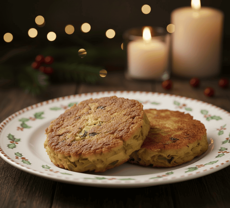 bubble and squeak patties on a festive plate