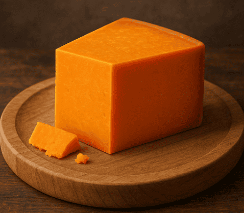 Red Leicester cheese on a wooden board