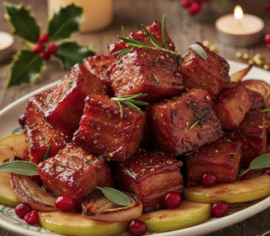 pork belly, cut into cubes and slow-roasted until tender, then finish under the grill with a sticky apple glaze made from cider, brown sugar, and a splash of vinegar.