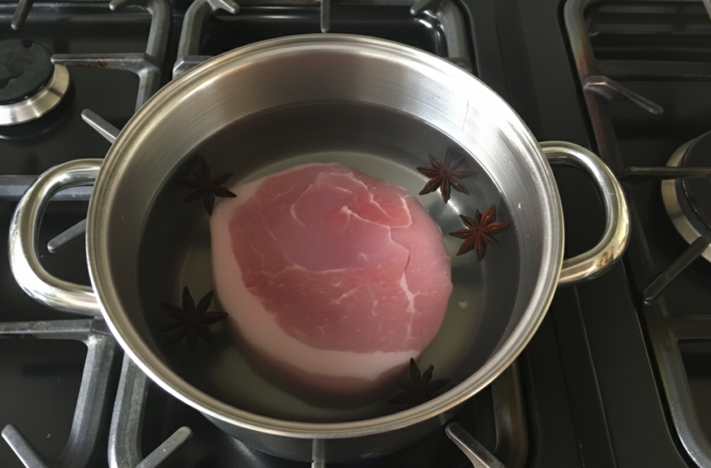 Gammon boiling in a pan on a stove